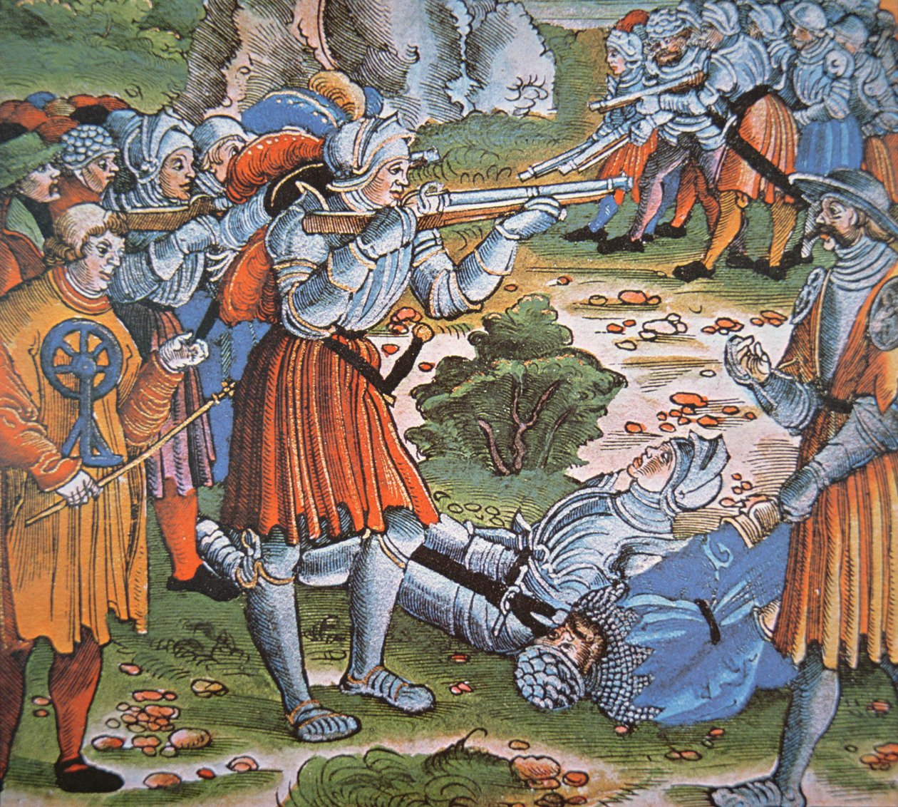 Żołnierze w zbroi strzelający z zapałek Arquebus, koniec XV w. (rękopis drzeworyt) autorstwa German School