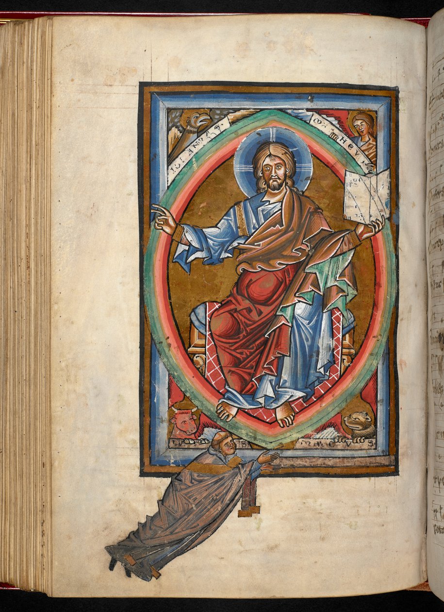 Arundel 156, f.99v, Chrystus zasiada na tronie w majestacie w mandorli, otoczony czterema symbolami Ewangelistów, z „Graduału, Sekwentarza i Sakramentarza” (welum) autorstwa German School