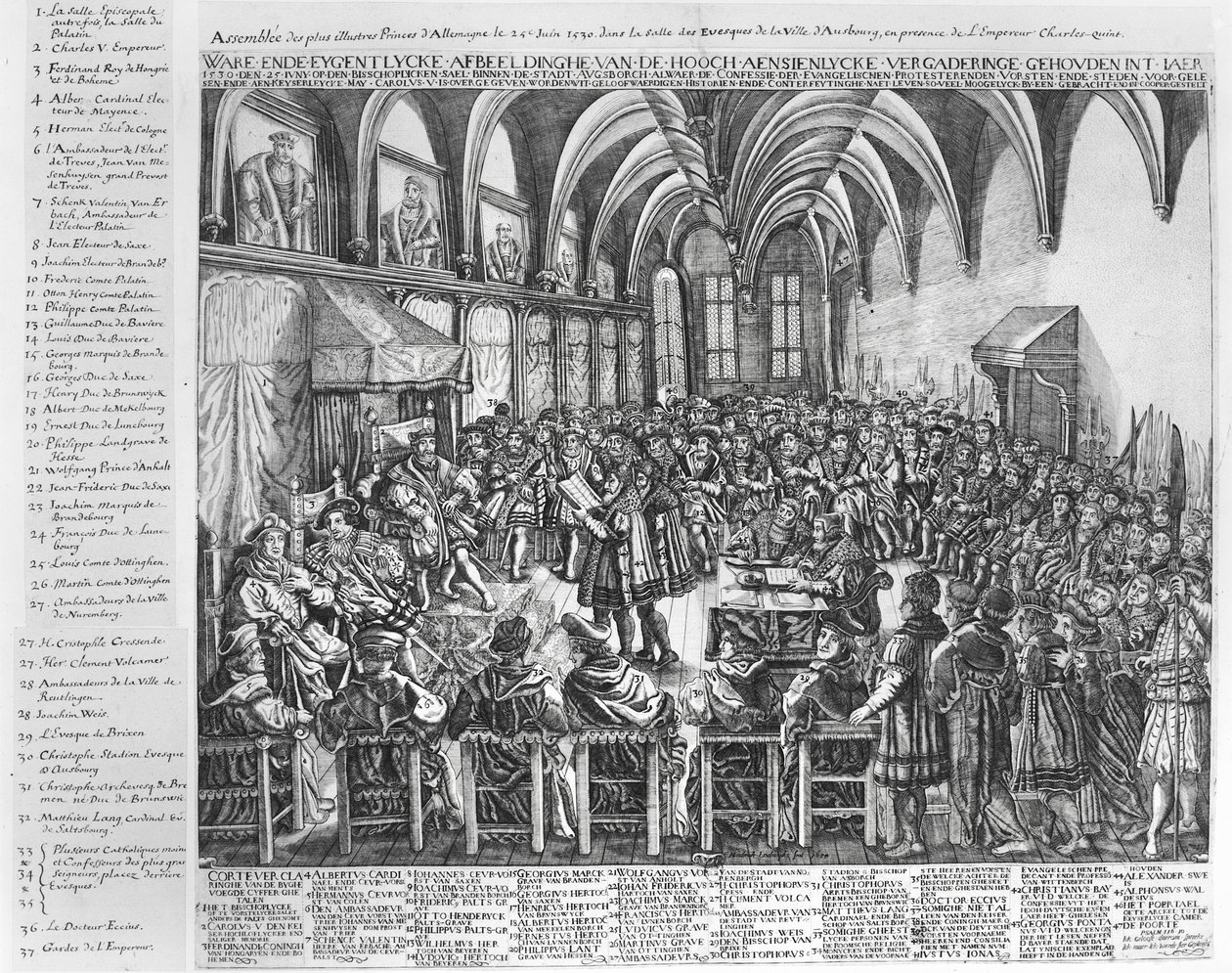 Zgromadzenie Najwybitniejszych Książąt Niemieckich w Sali Biskupiej w Augsburgu w obecności Karola V (1500-58) 25 czerwca 1530 r. autorstwa German School