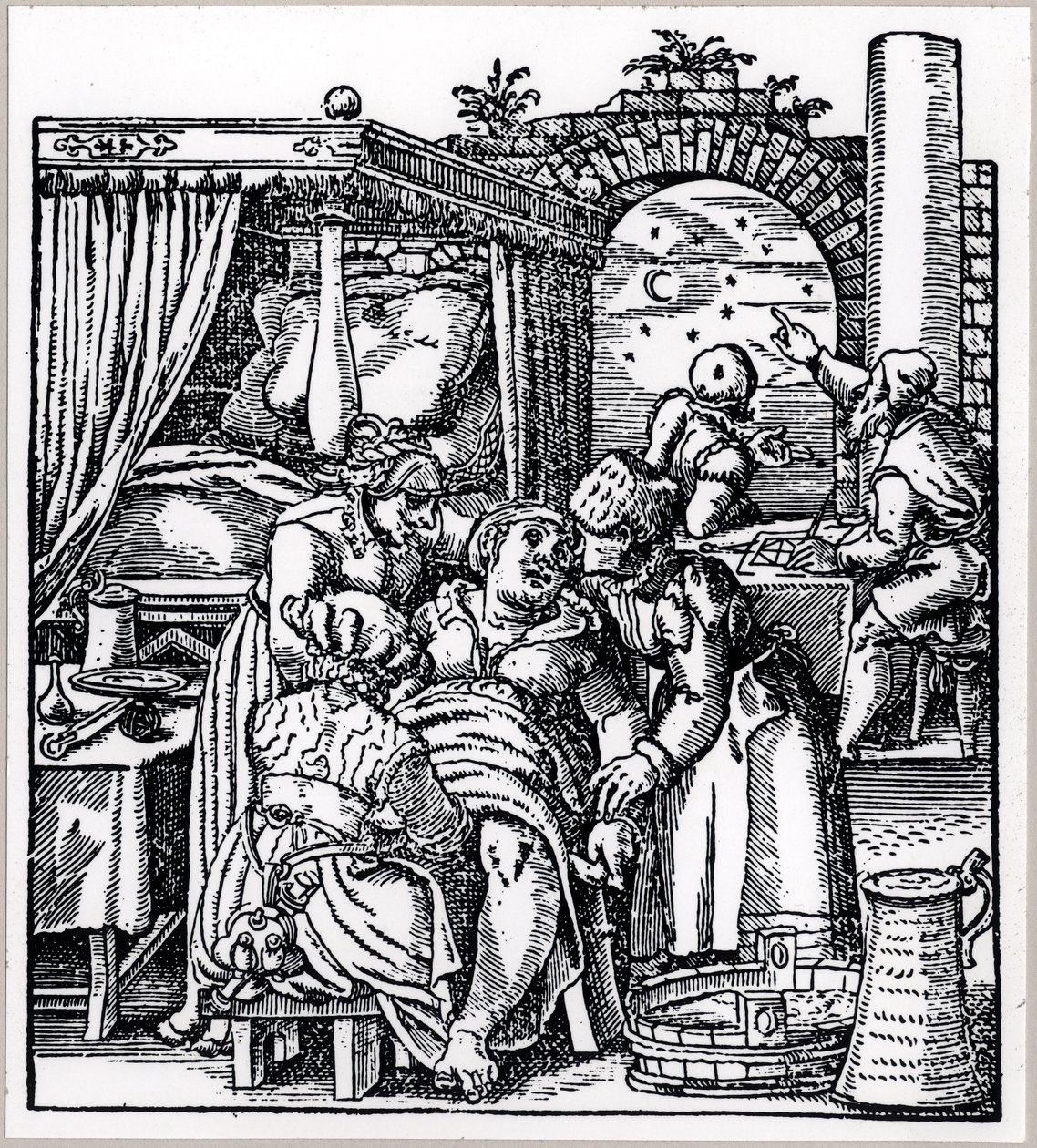 Astrologowie rzucający horoskop dla dziecka urodzonego kobiecie na krześle porodowym, z książki De Conceptu et Generatione Hominis autorstwa Jacoba Rueffa, opublikowanej we Frankfurcie, 1587 autorstwa German School
