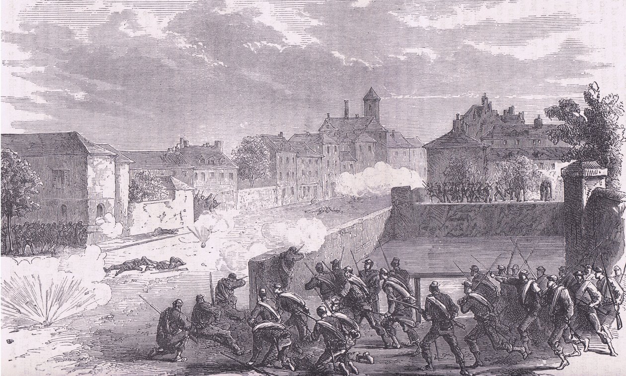 Atak na Le Bourget, Cassells History of the War between France and Germany wydana przez Cassell and Company Limited, c.1890 (lito) autorstwa German School