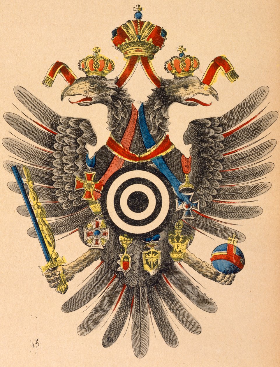 Herb cesarski Austro-Węgier jako tarcza łucznicza, ok. 1865 (kolorowy drzeworyt) autorstwa German School