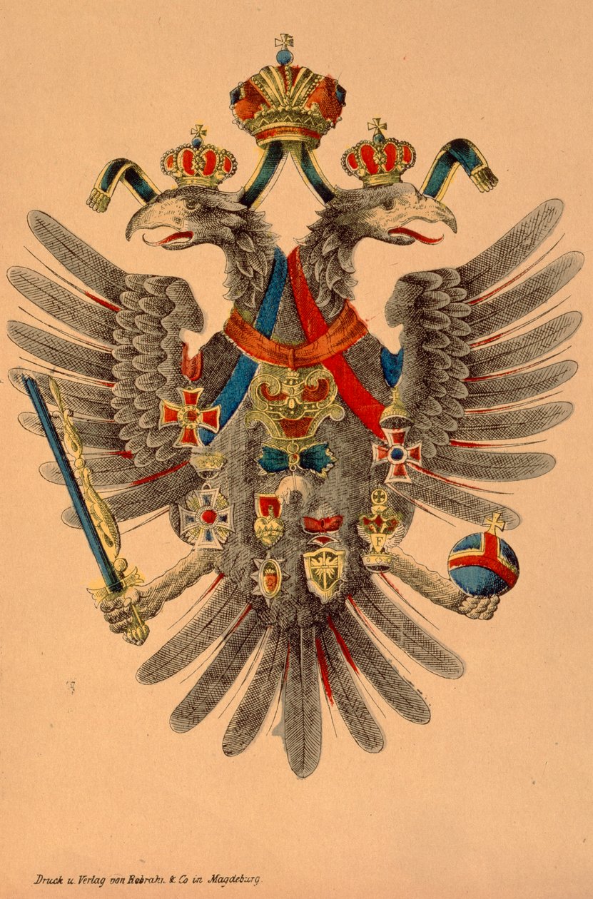 Herb cesarski Austro-Węgier, wydany przez Robaki & Co., Magdeburg, ok. 1865 (kolorowy drzeworyt) autorstwa German School