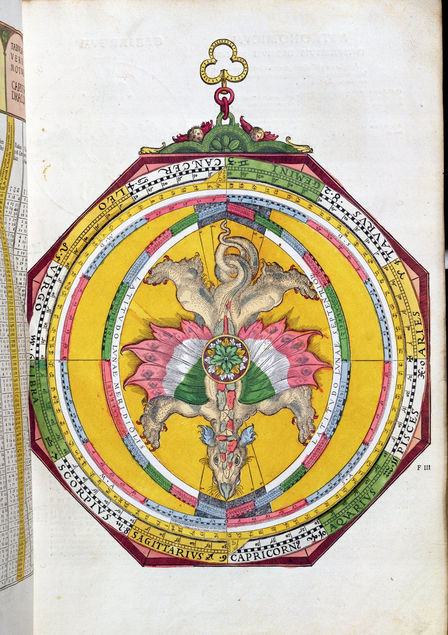 BT1.70.2 Volvelleor ze zodiakiem, ilustracja z Astronimicum Caesareum autorstwa Petera Apiana (Bennewitz) (1495-1552) wyd. w Ingolstadt, 1540 (kolorowy drzeworyt) autorstwa German School