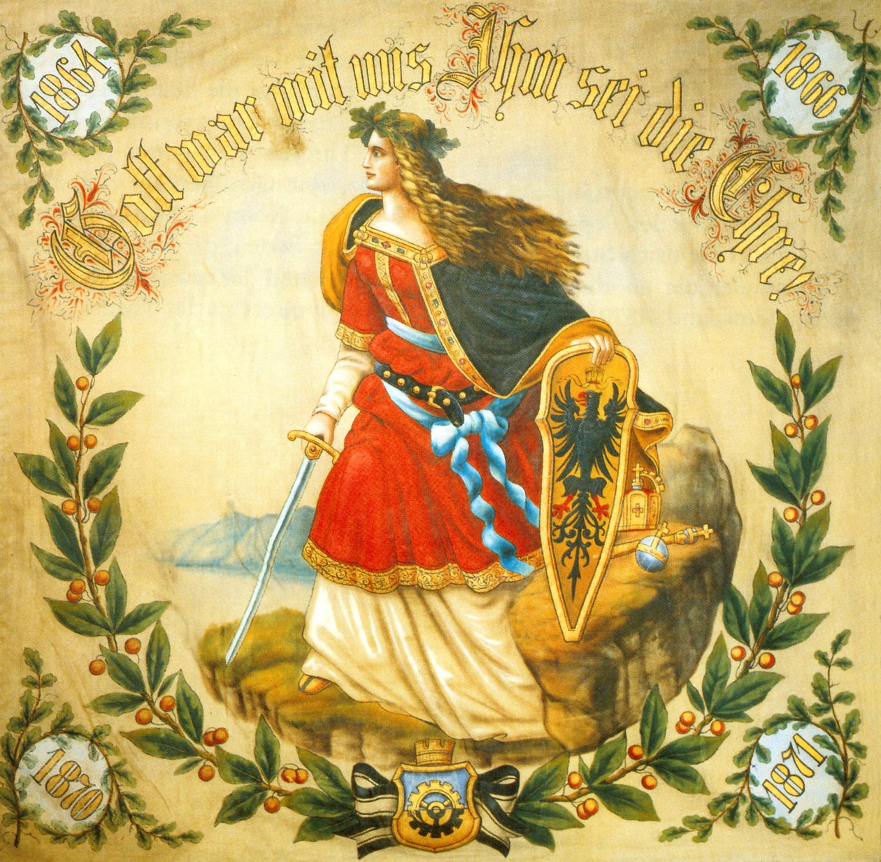 Sztandar z wizerunkiem Germanii, symbolu zjednoczonych Niemiec, ok. 1918 r. (druk) autorstwa German School