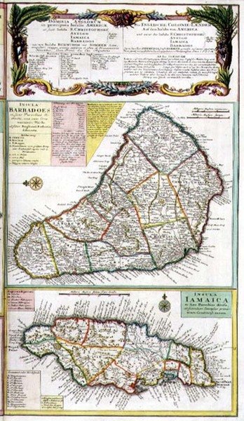 Barbados i Jamajka, fragment mapy angielskich kolonii na Karaibach, wyd. Dziedzice Homannów, Norymberga, ok. 1750 (detal z 101836) autorstwa German School