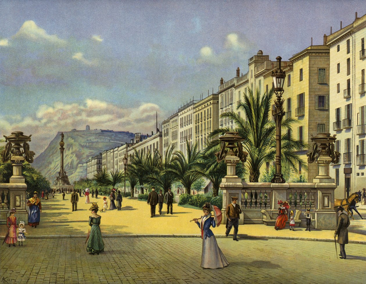 Barcelona, Paseo de Colon (chromolitho) autorstwa German School