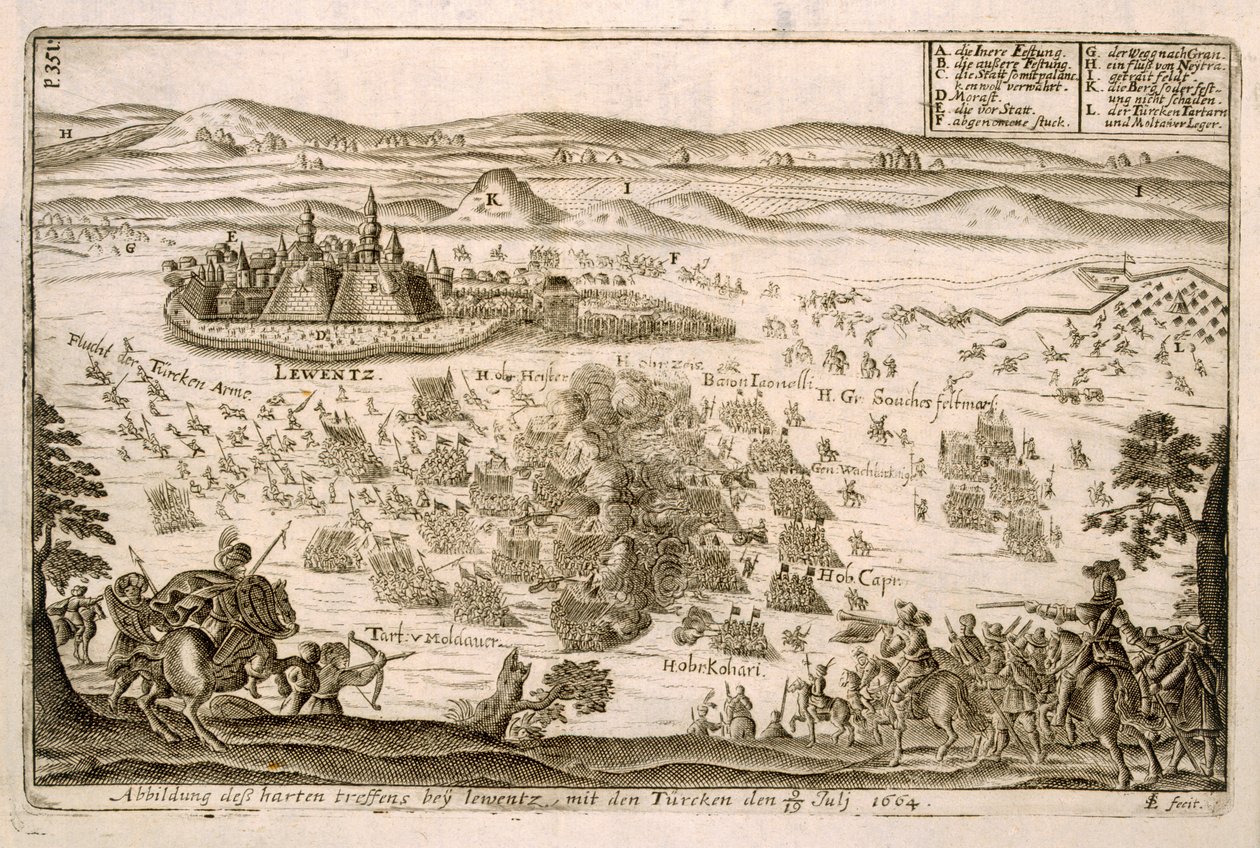 Bitwa pod miastem Levice w 1664 r., ilustracja z księgi o kampaniach osmańskich w Europie, rytowana przez Paula Fursta (ok.1605-1666) autorstwa German School