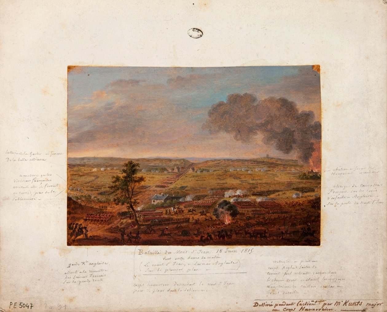 Bitwa pod Mont-Saint-Jean, rysowana i malowana podczas akcji majora Kuntsa z oddziału hanowerskiego, 18 czerwca 1815 (ołówek i gwasz na tekturze) autorstwa German School