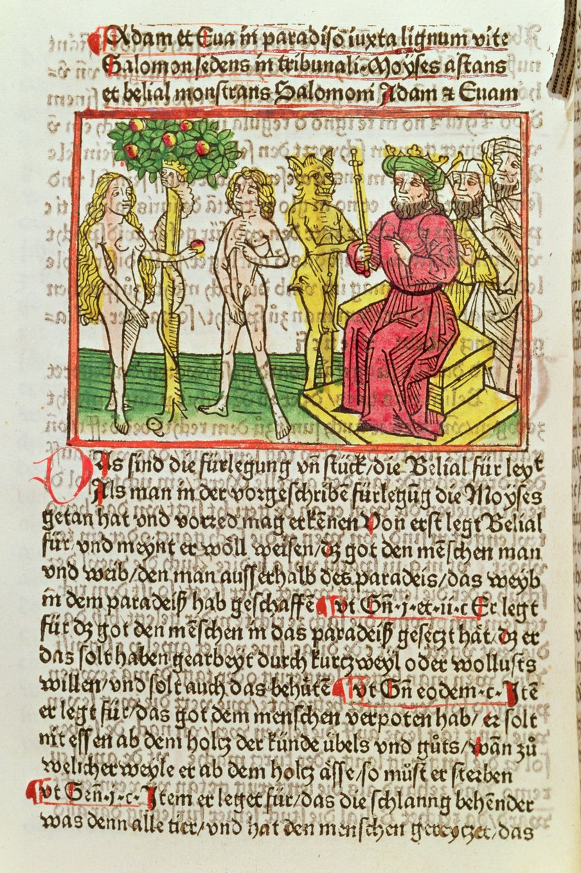 Belial przedstawiający Adama i Ewę Salomonowi, ilustracja z niemieckiego przekładu Das Buch Belial, 1473 (kolorowy drzeworyt) autorstwa German School