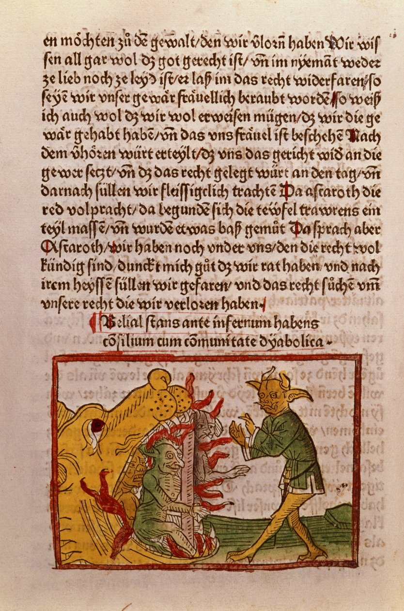 Belial u bram piekieł, ilustracja z niemieckiego przekładu Das Buch Belial, 1473 (kolorowy drzeworyt) autorstwa German School