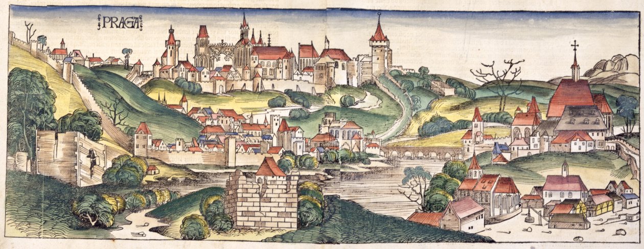 Widok Pragi z lotu ptaka z Kroniki norymberskiej autorstwa Hartmanna Schedla (1440-1514) 1493 autorstwa German School