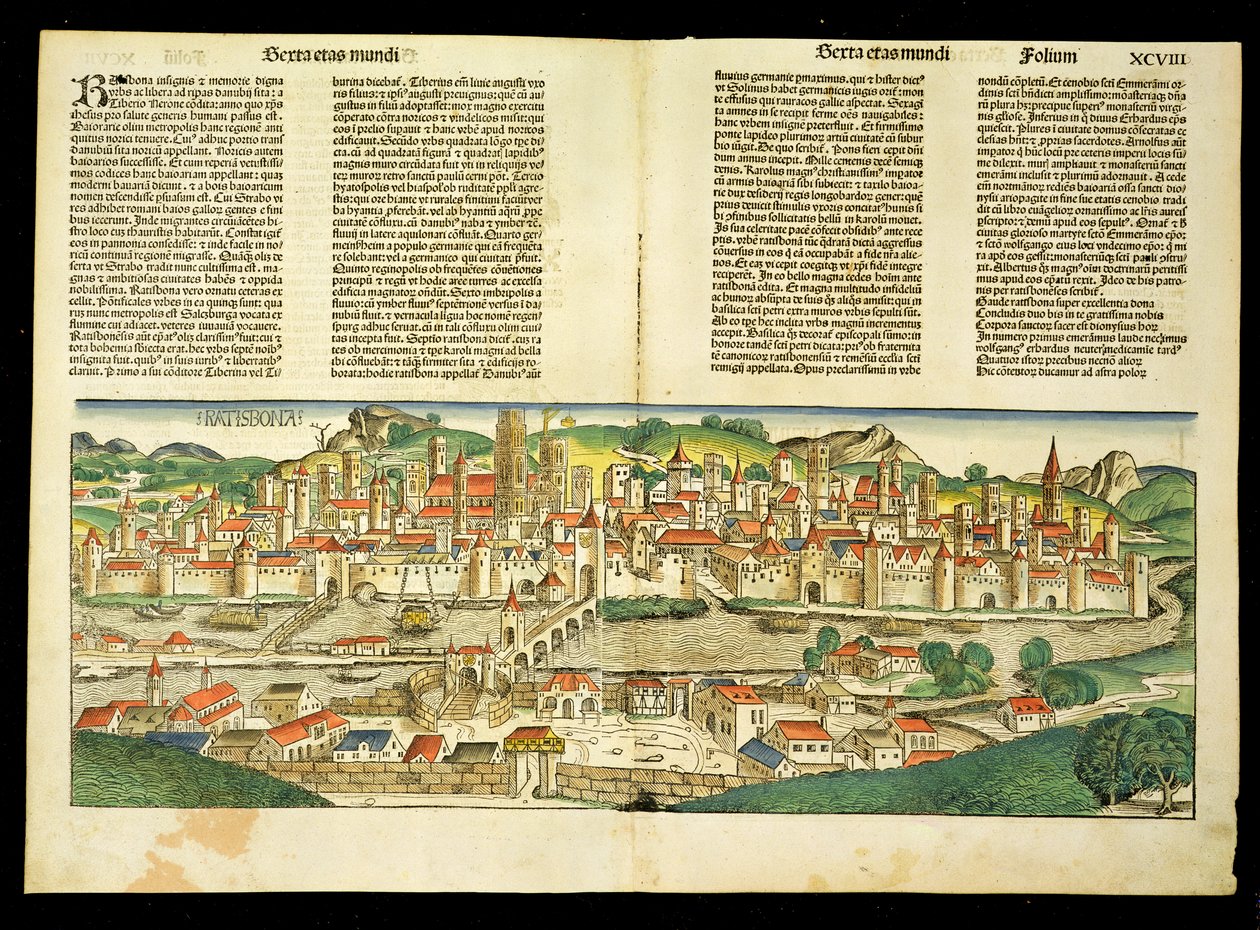 Widok z lotu ptaka na Ratyzbon, z Kroniki Norymberskiej autorstwa Hartmanna Schedla (1440-1514) 1493 autorstwa German School