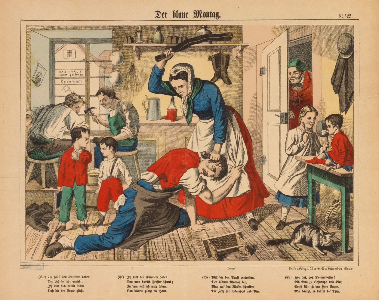 Blue Monday - żona szewca bijąca męża, gazeta wydana przez C. Burckhardt, Weissenburg, ok. 1850 autorstwa German School