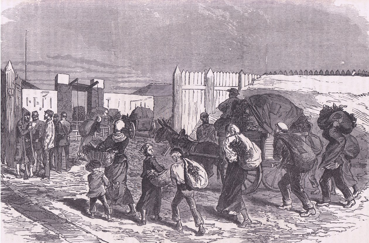 Wprowadzanie warzyw z przedmieść, Cassells History of the War między Francją a Niemcami, wydane przez Cassell and Company Limited, c.1890 (lito) autorstwa German School