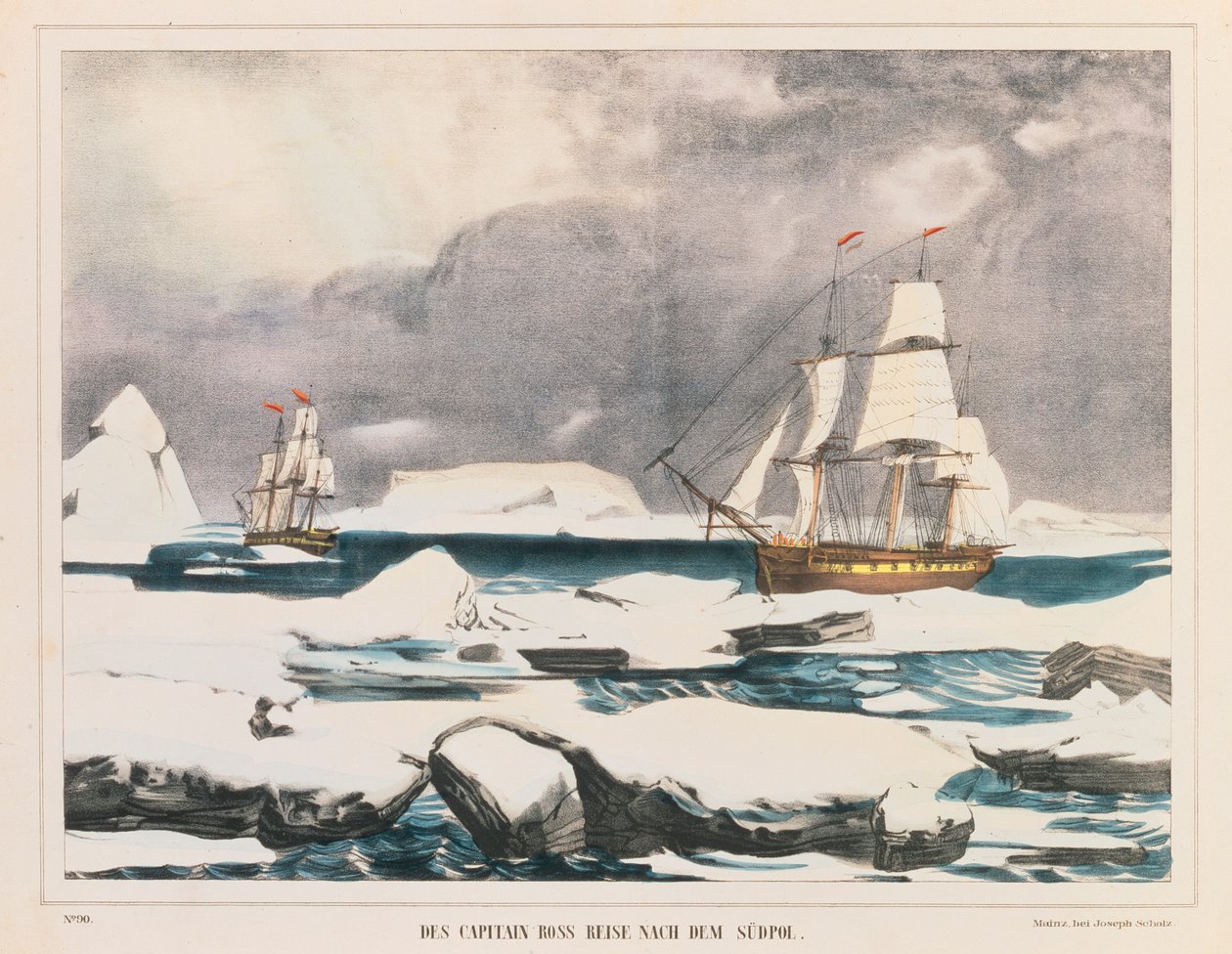 Ekspedycja brytyjskiego polarnika kapitana Rossa na Antarktydę, opublikowana przez J. Scholza, Mainz, w latach 1839-42 autorstwa German School