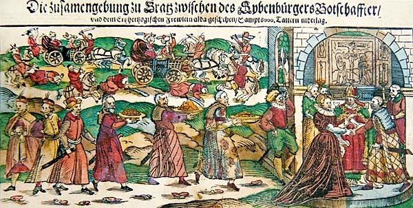 Gazeta informacyjna i ilustracje przedstawiające małżeństwo zastępcze w marcu 1595 arcyksiężnej Marii Krystyny austriackiej z ambasadorem Zygmunta Batorego, księciem Siebenbürgen (Transylwania) i bitwy pod Călugăreni w sierpniu 1595, c.1 autorstwa German School