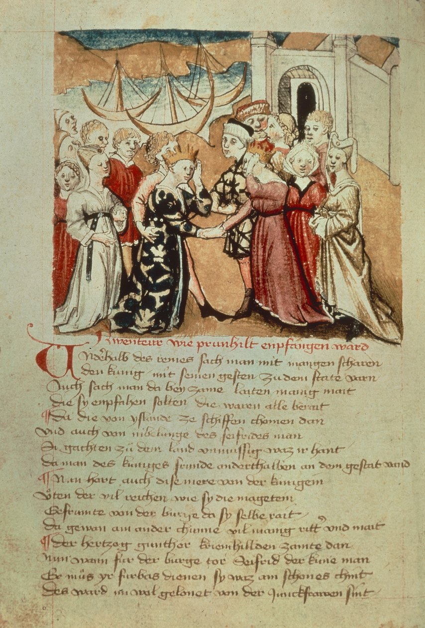 Brunhilda wkracza do robaków; Kriemhild wita Brunhildę i Gunthera z „Hundeshagen Nibelungen Codex” (welum) autorstwa German School