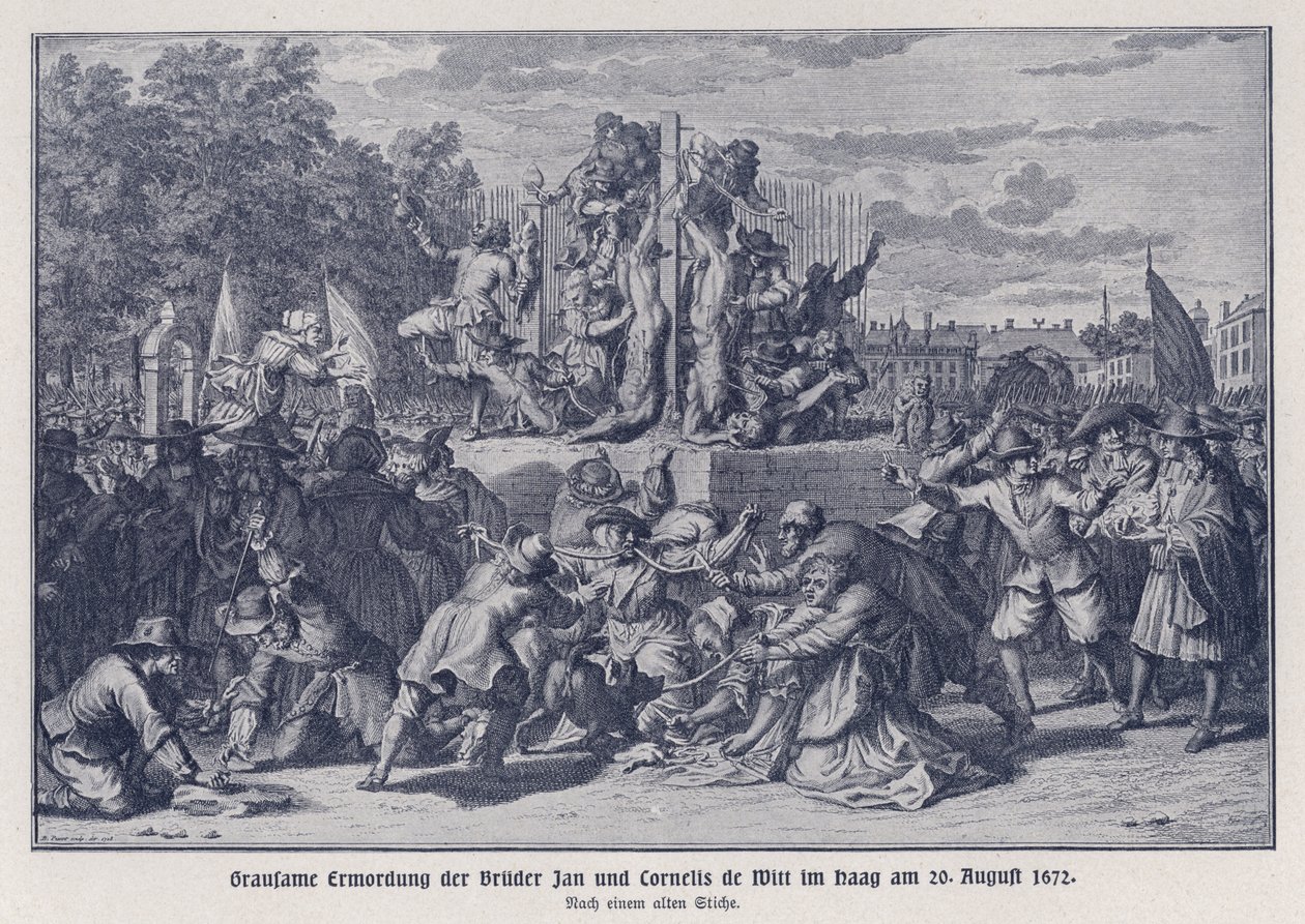 Brutalne morderstwo braci Jana i Cornelisa de Witt przez oranżystowski tłum, Haga, Holandia, 20 sierpnia 1672 r. (litografia) autorstwa German School