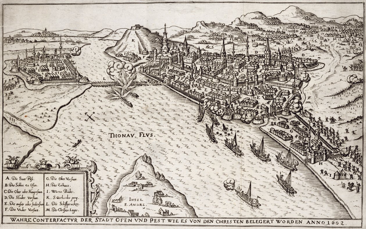 Buda i Peszt oblężone przez chrześcijan w 1602 r., ilustracja z książki o kampaniach osmańskich w Europie, rytowana przez Paula Fursta (ok. 1605-66) autorstwa German School