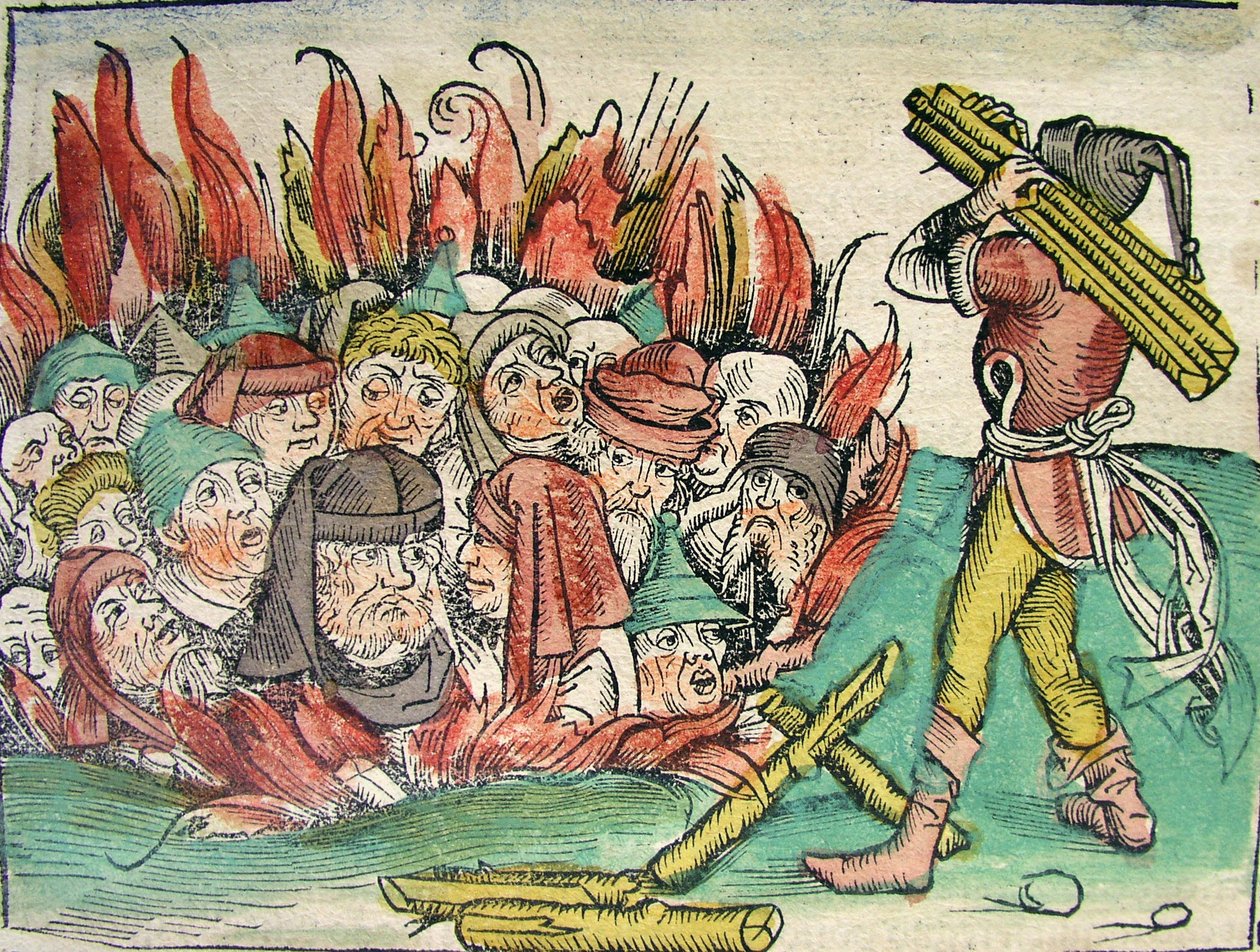 Spalenie Żydów, opublikowane w Kronice Norymberskiej, 1493 autorstwa German School