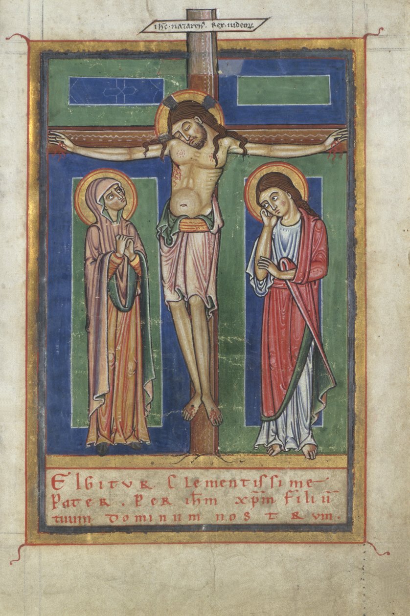 Strona kanoniczna z Sakramentarza, z Ukrzyżowaniem, ok. 1150-1160 (tempera i złoty liść na pergaminie) autorstwa German School