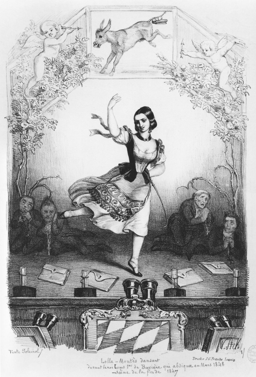 Karykatura Loli Montes (1821-61) tańczącej przed królem Ludwikiem I Bawarskim (1786-1868) c.1847 autorstwa German School