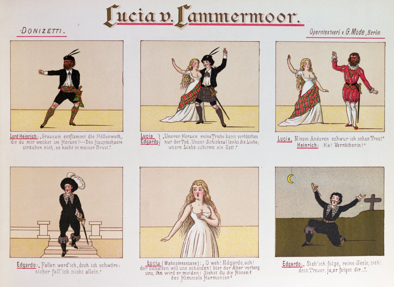 Karykatura wyśmiewająca się z opery Łucja z Lammermooru Donizettiego (kolor litho autorstwa German School