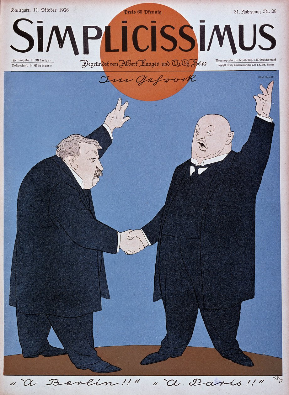 Karykatura o zbliżeniu francusko-niemieckim: Briand i Stresemann - w „Simplicissimus” z 11.10.1926 (rycina) autorstwa German School