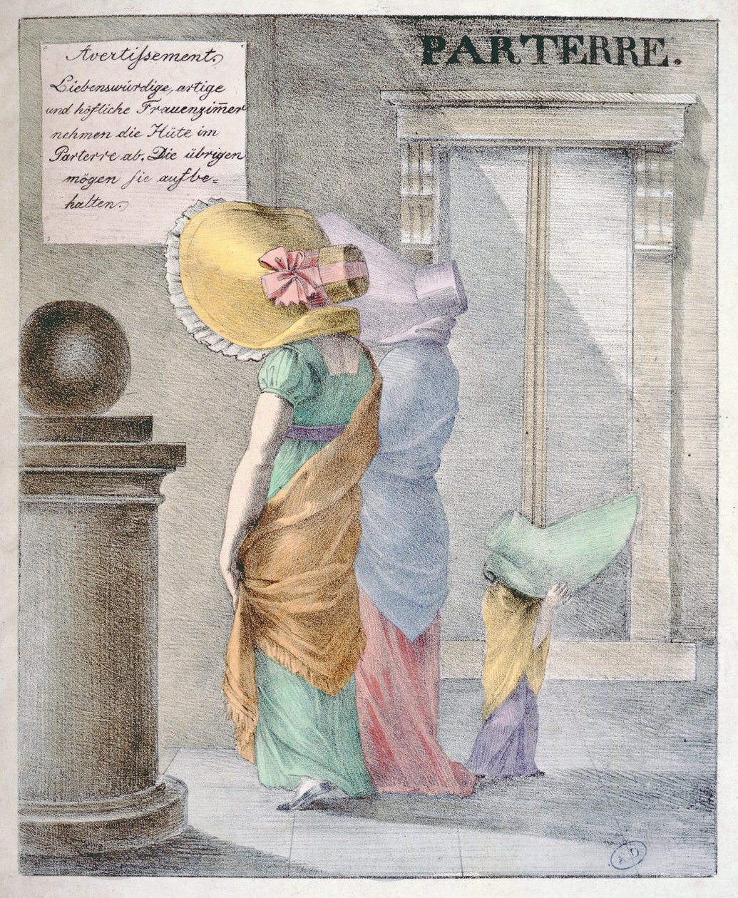 Komiks wyśmiewający modę kobiet na noszenie ogromnych kapeluszy, około 1820 r autorstwa German School