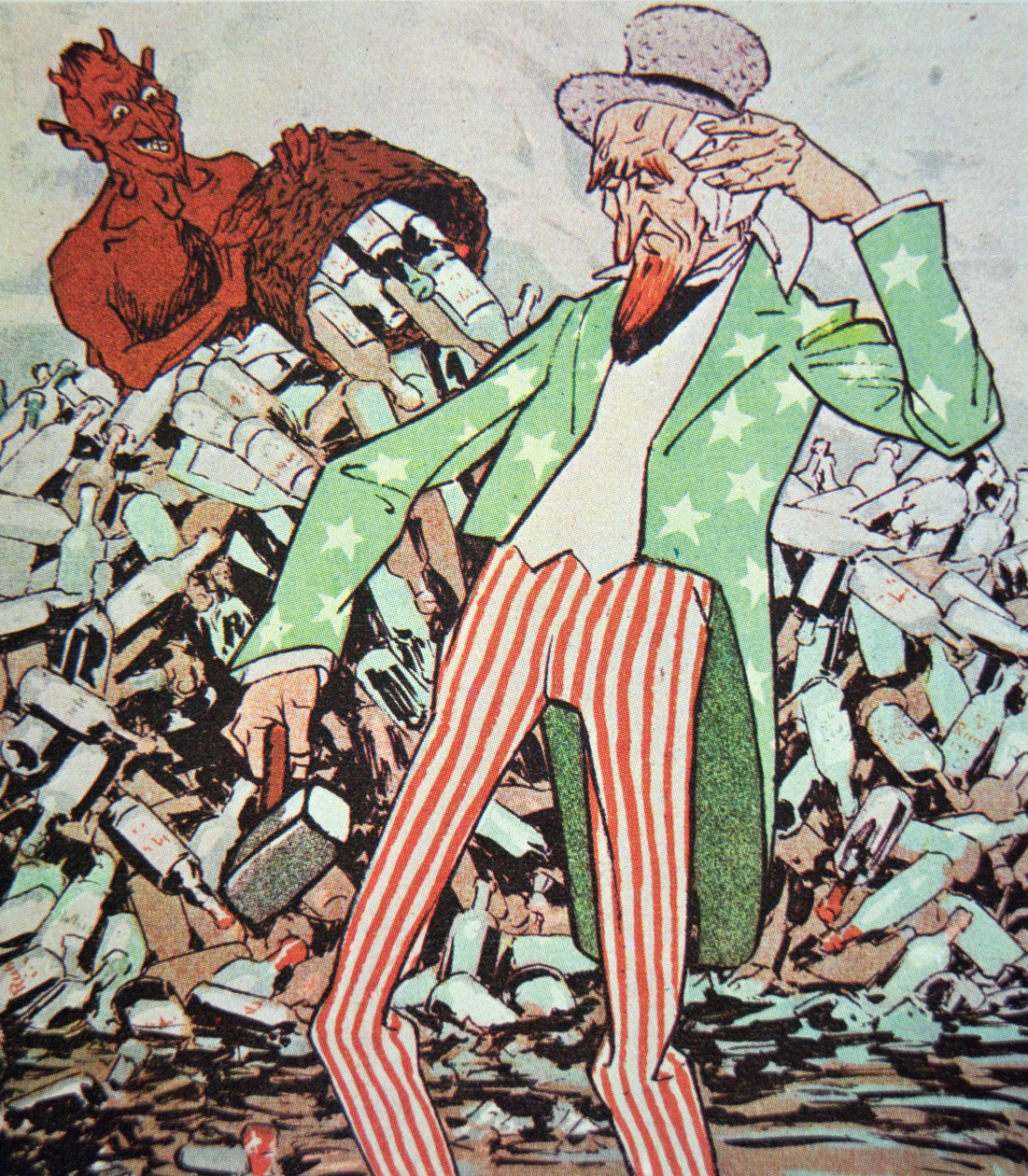 Karykatura przedstawiająca Wuja Sama wyczerpanego strumieniem bootlegu wyprodukowanego przez diabła w erze prohibicji (1920-33) (kolor lito) autorstwa German School