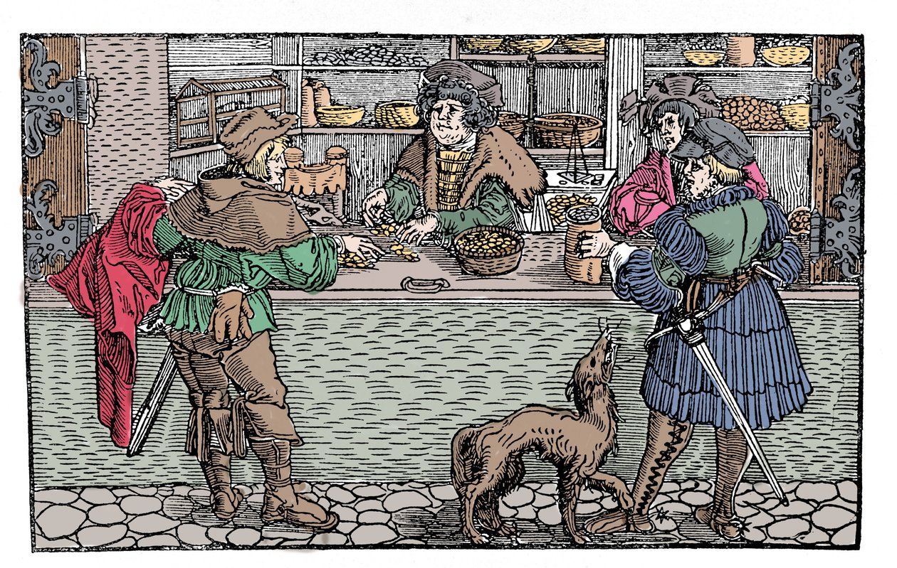 Zmieniacz: barter i wymiana. Xylografia niemiecka z XVI wieku. autorstwa German School