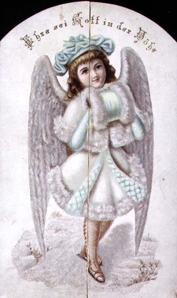 Kartka bożonarodzeniowa aniołek z mufką, niemiecki, ok.1880 (druk) autorstwa German School