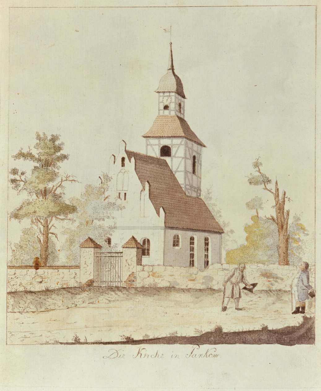 Kościół w Pankow w Berlinie (kolorowa akwaforta) autorstwa German School