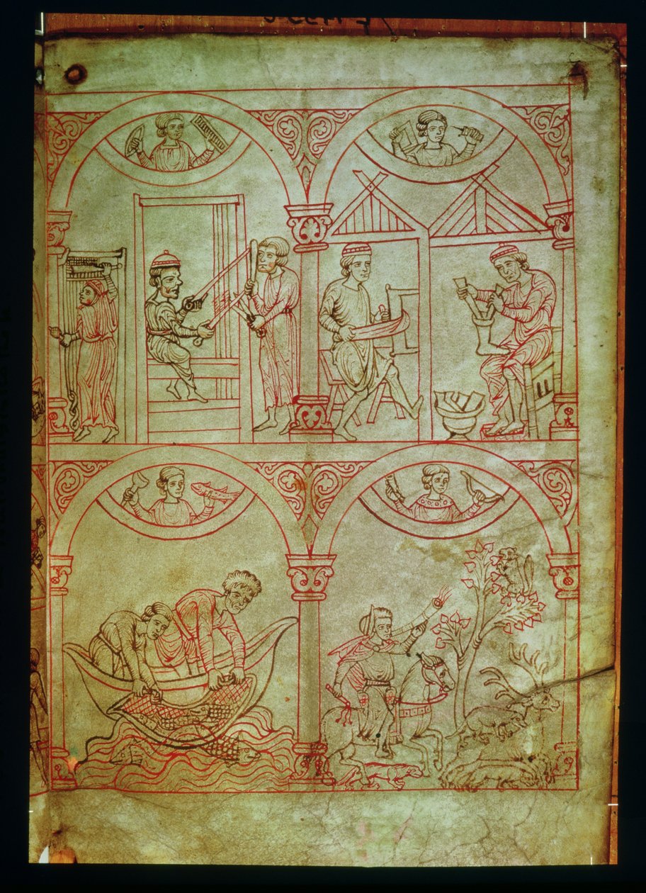 Codex 507 fol.2r Tkacz, szewc, rybak i myśliwy, z Renner Musterbuch, c.1208-18 autorstwa German School