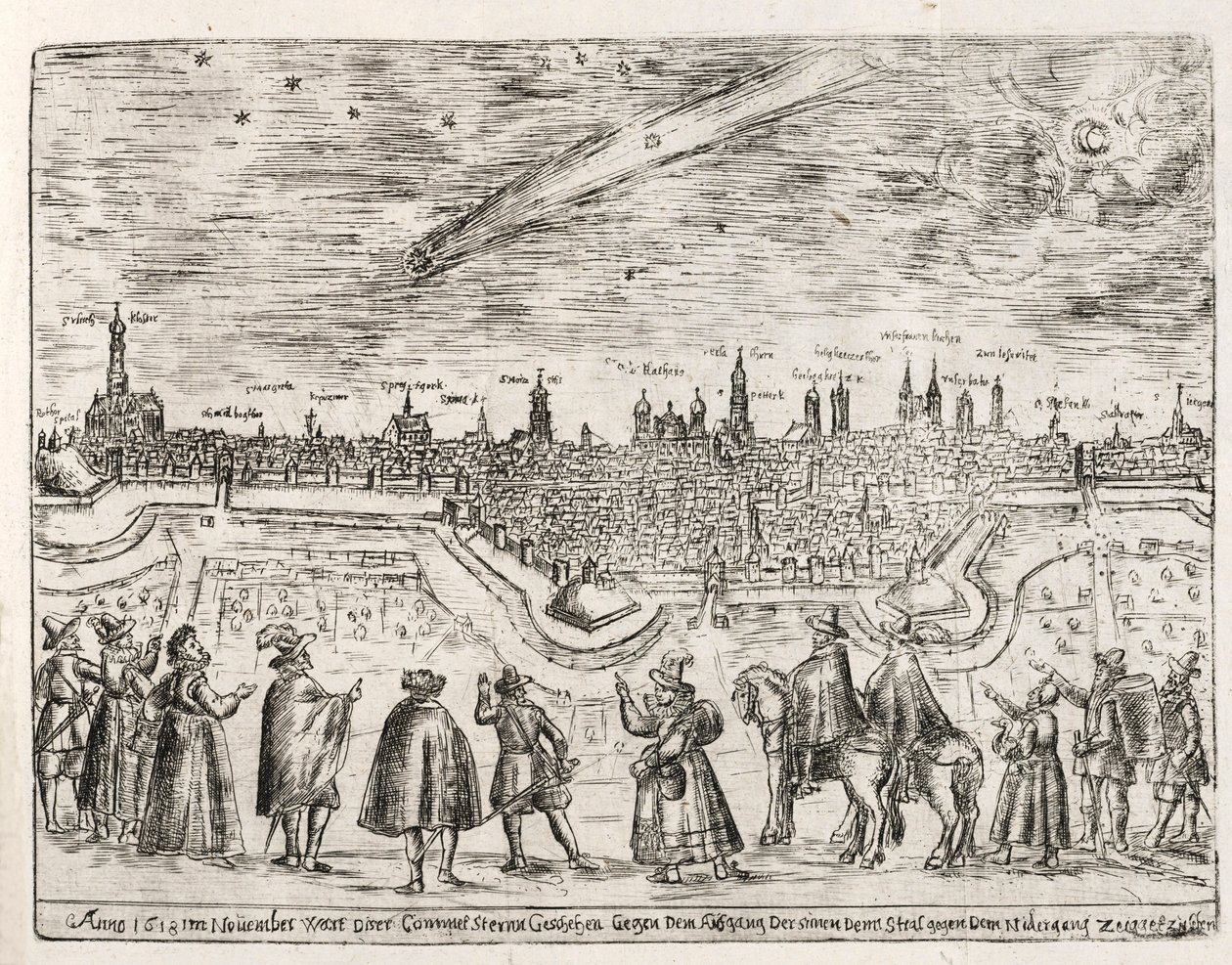 Kometa widziana nad Augsburgiem pod koniec listopada 1618, wyd. 1618. autorstwa German School
