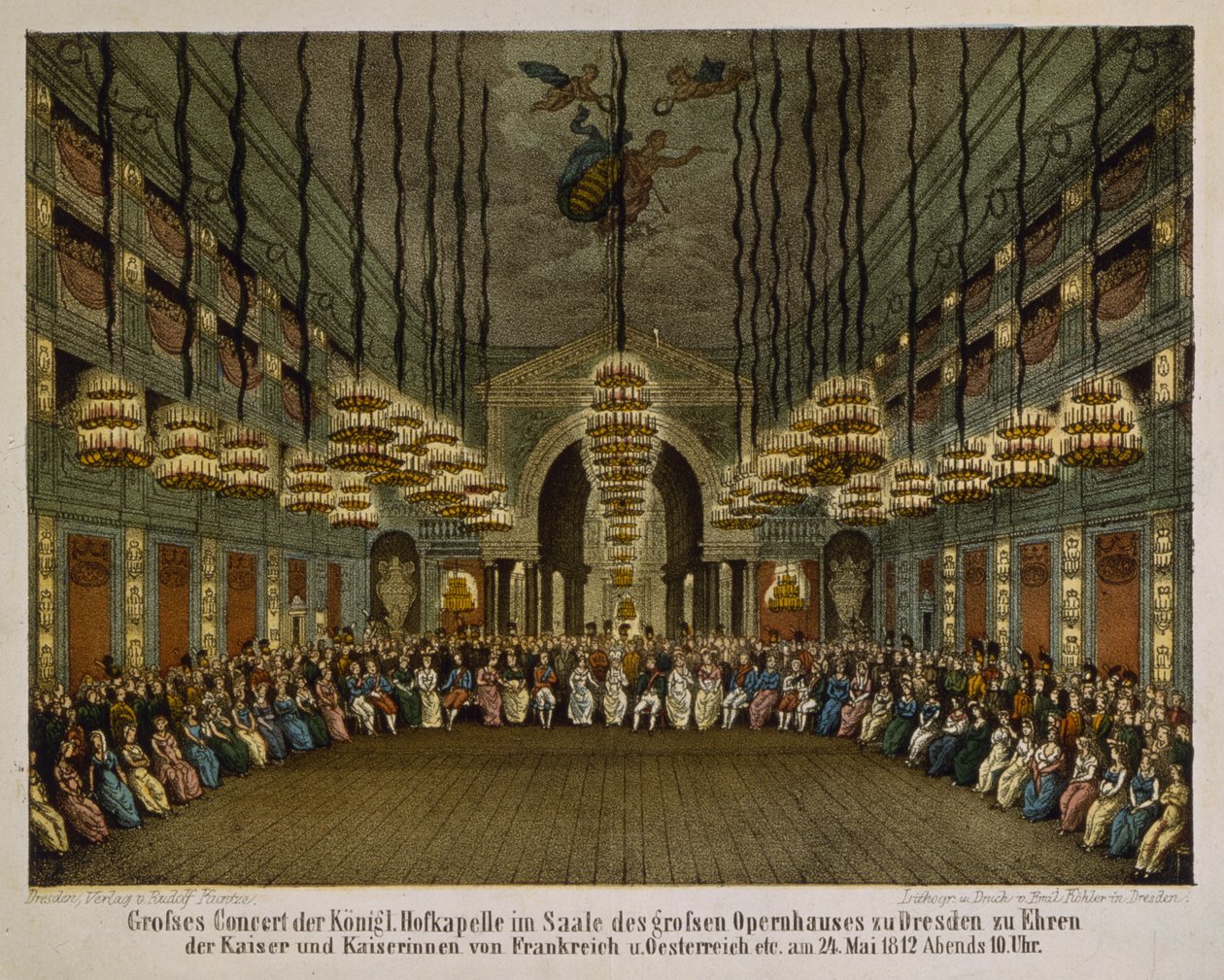Koncert kapeli królewskiej w audytorium Opery Drezdeńskiej na cześć pary cesarskiej, 1812 (litografia kolorowa) autorstwa German School