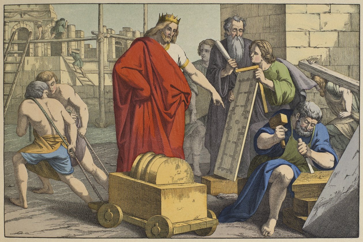 Budowa Świątyni Jerozolimskiej, ilustracja z Testamentu Lancien, wyd. Jakob Ferdinand Schreiber, Esslingen (kolorystyka) autorstwa German School