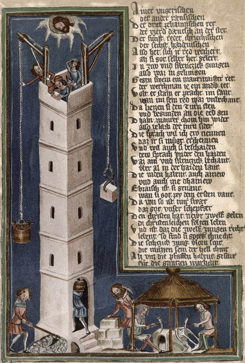 Budowa wieży Babel, kopia rękopisu z XV wieku autorstwa German School