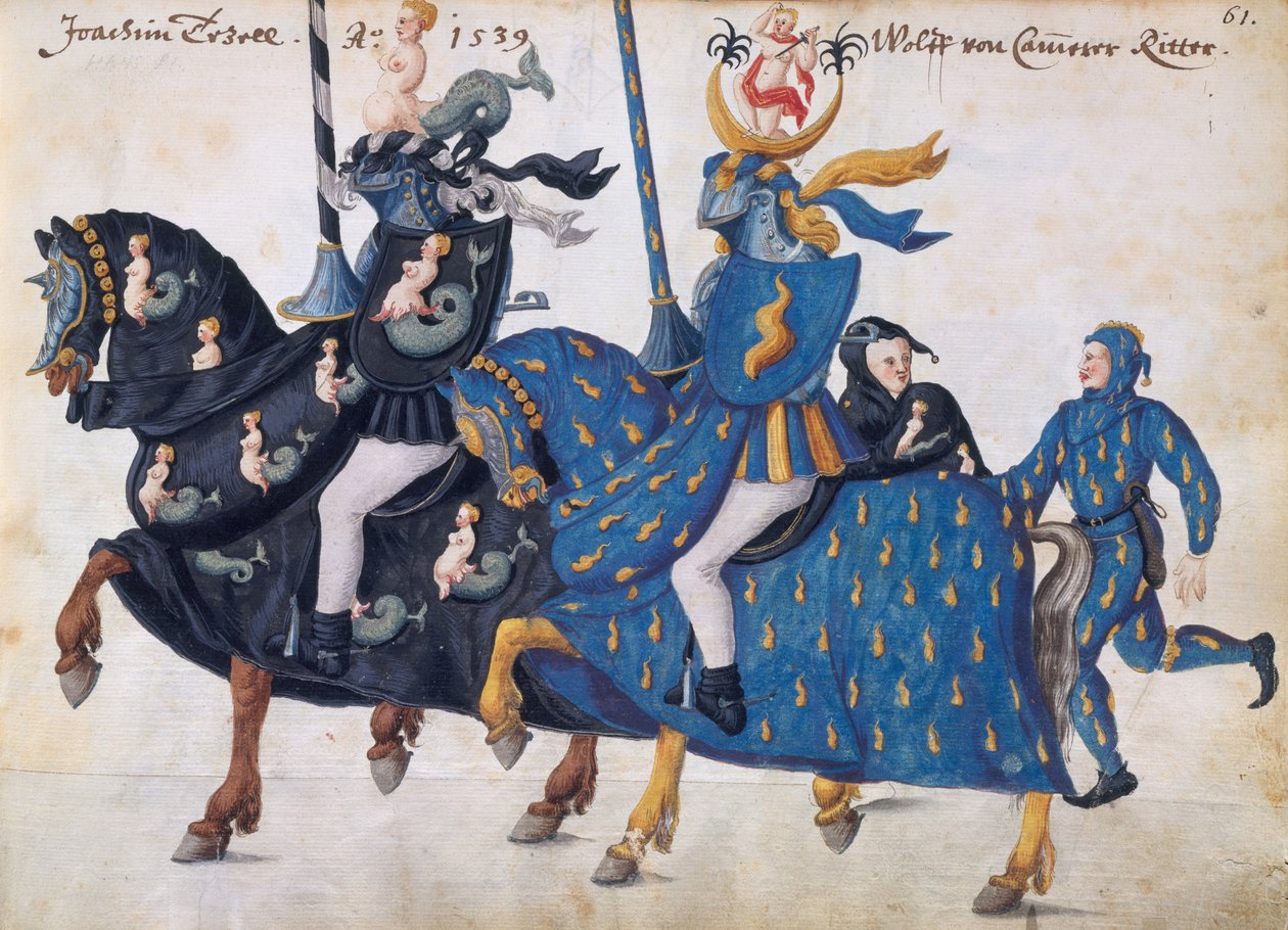 Zawodnicy wyposażeni na turniej, ok. 1640 (pióro i atrament, akwarela i wash) autorstwa German School