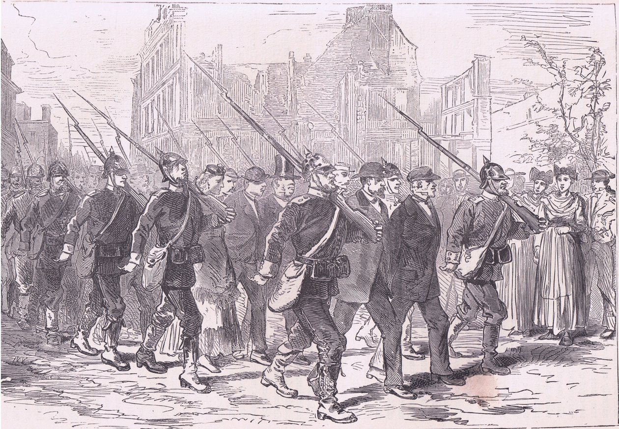 Konwój więźniów, Cassells Historia wojny między Francją a Niemcami, wydana przez Cassell and Company Limited, c.1890 (lito) autorstwa German School