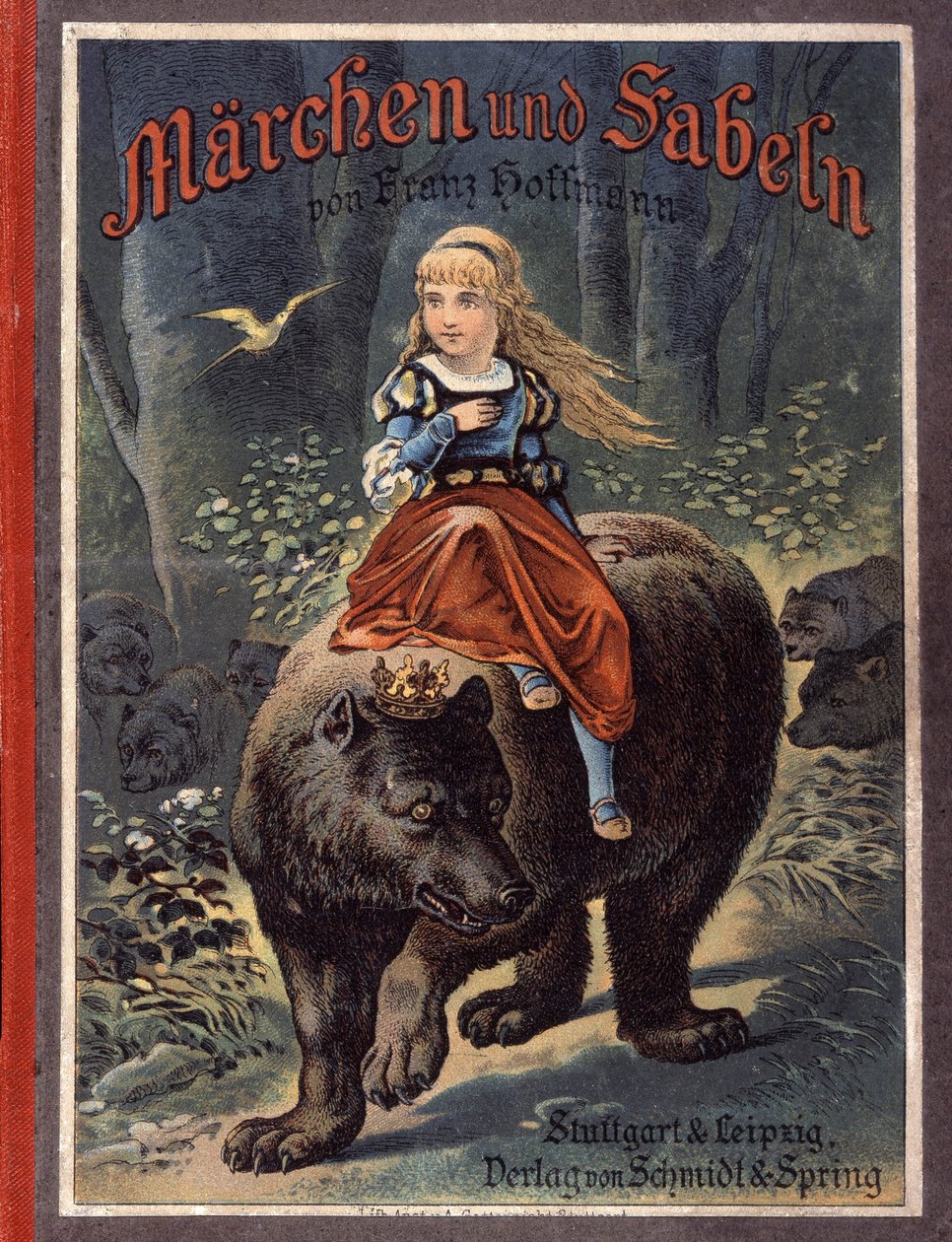 Okładka bajek Franza Hoffmanna „” Bajki i bajki: Von Prinzessin sternr¿schenw””: Dziewczyna na niedźwiedziu. Chromolitografia XIX wieku. autorstwa German School