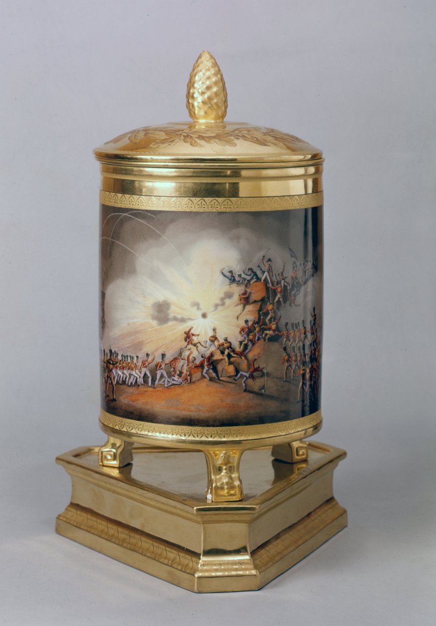 Zakryty garnek przedstawiający szturm na Ciudad Rodrigo, z pruskiego serwisu obiadowego, Berlin, 1816-19 (porcelana i złocenia) autorstwa German School