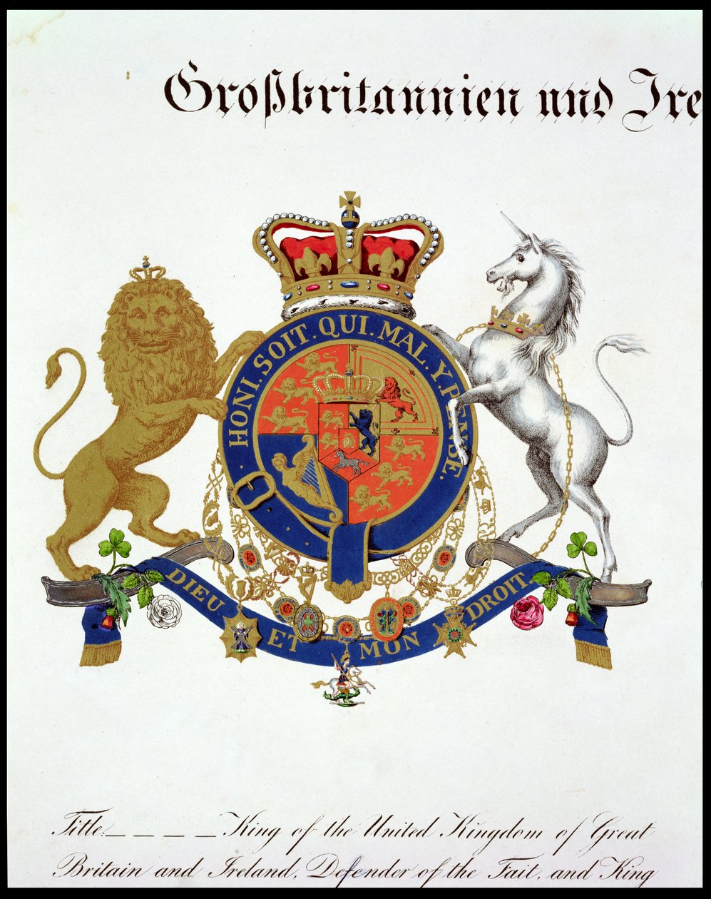Herb króla Zjednoczonego Królestwa Wielkiej Brytanii i Irlandii, Obrońcy Wiary i Króla Hanoweru (ok.1801-37) (patrz także 111318) autorstwa German School