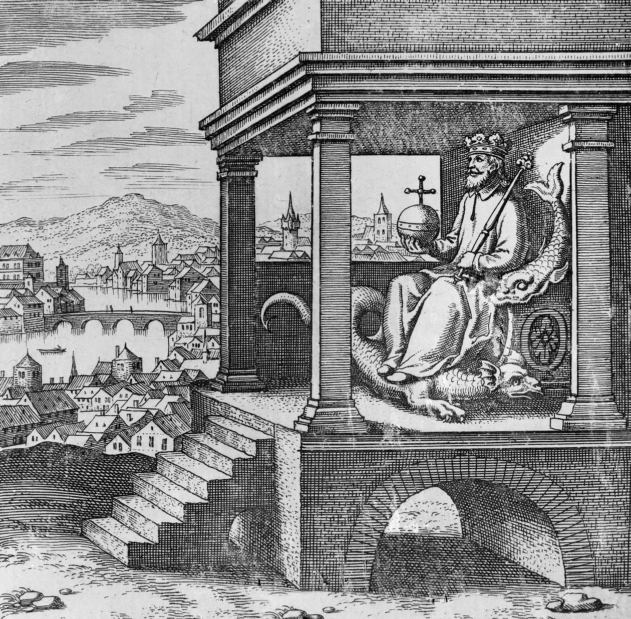 Koronowany król na tronie z Musaeum Hermeticum autorstwa German School