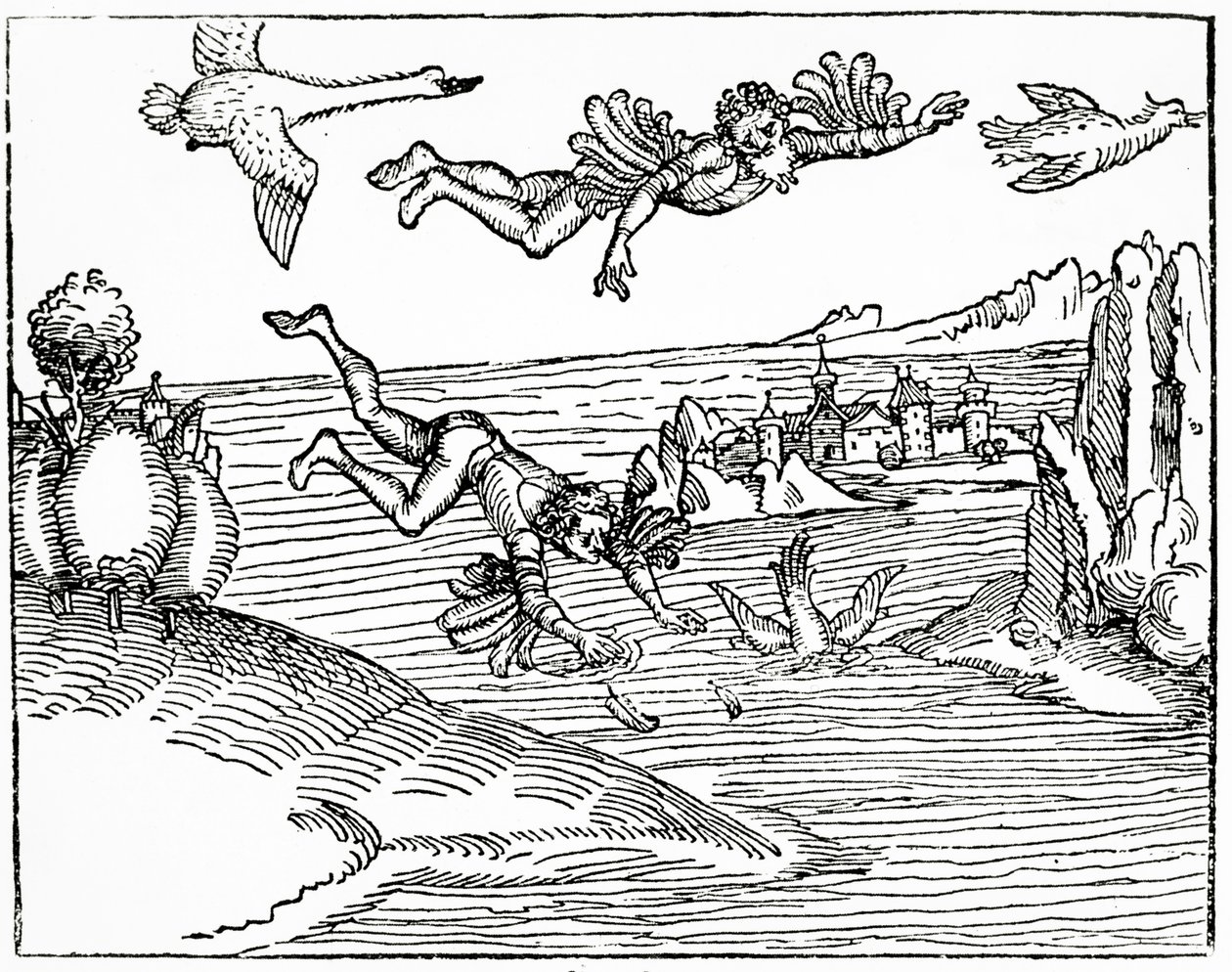 Dedal, uciekający z Krety z synem Ikarem, widzi go spadającego na śmierć, 1493 (rycina drzeworyt) autorstwa German School
