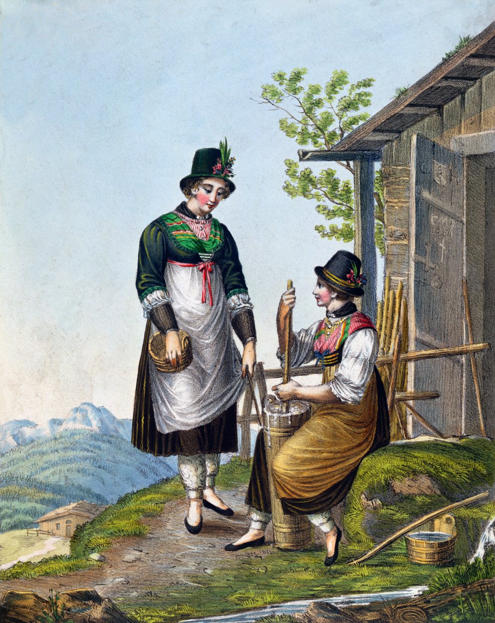 Mleczarki w Alpach w pobliżu Tegernsee, początek XIX wieku (kolorowe grawerowanie) autorstwa German School