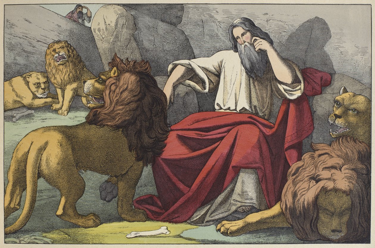 Daniel w jaskini lwów, ilustracja z Lancien Testament, wyd. Jakob Ferdinand Schreiber, Esslingen (kolorowa grawerunek) autorstwa German School