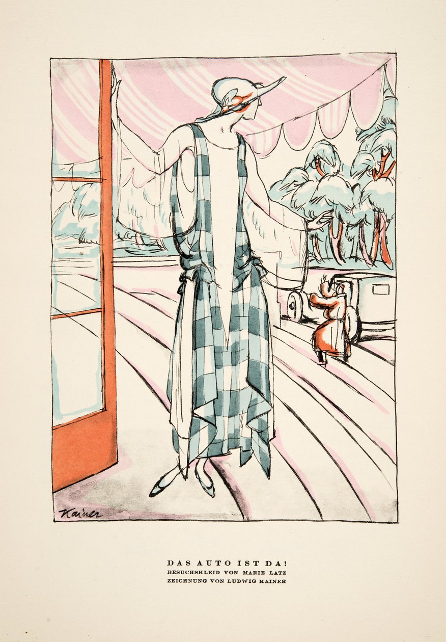 "Das Auto Ist Da!", reklama sukienki autorstwa Marie Latz, ze Styl, wyd. 1922 (druk pochoir) autorstwa German School
