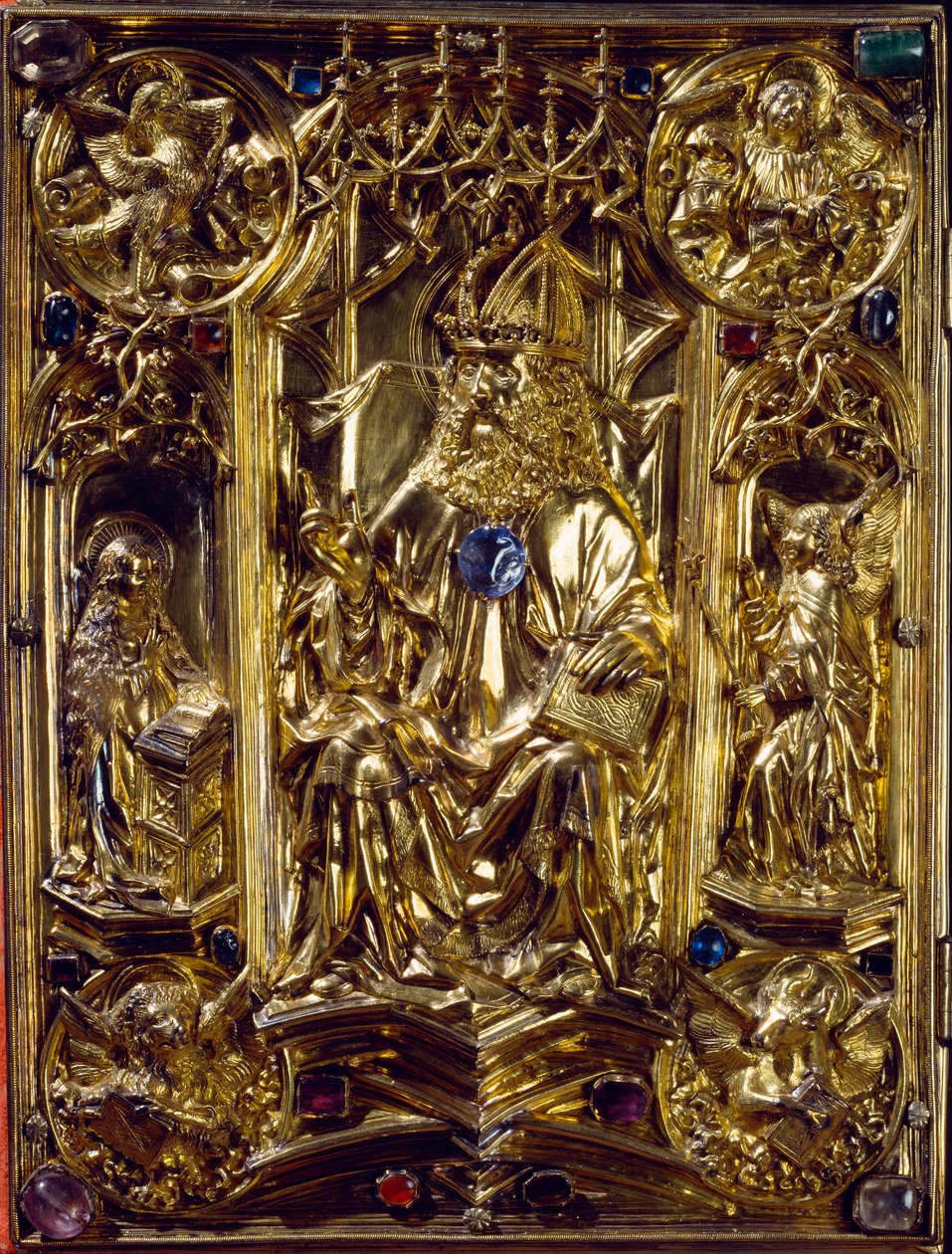 Das Reichsevangeliar Angels i symbole czterech ewangelistów. Ewangelik z Akwizgranu. Muzeum Historii Sztuki z VIII wieku, Wiedeń autorstwa German School